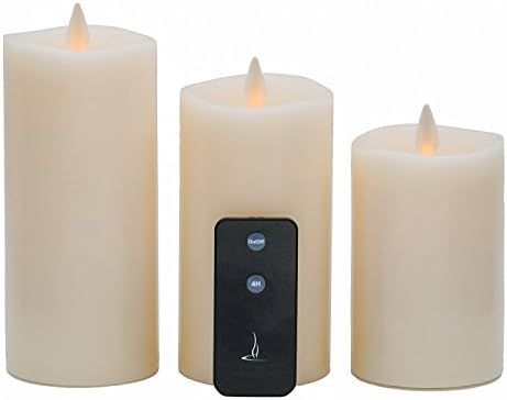 QBA Flickering Flameless Candle, LED Pillar Candle Set of 3(D 3" x H 5" 6" 7") Battery Operated Premier Real Wax Candle Moving Wick Unscented Candle Remote Timer (Ivory)