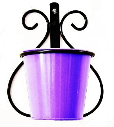 Decorscent Wall Mount Metal Stand with Round Galvanized Bucket Planter 5.5 x 7.7 x 9.5 Inches (Purple)