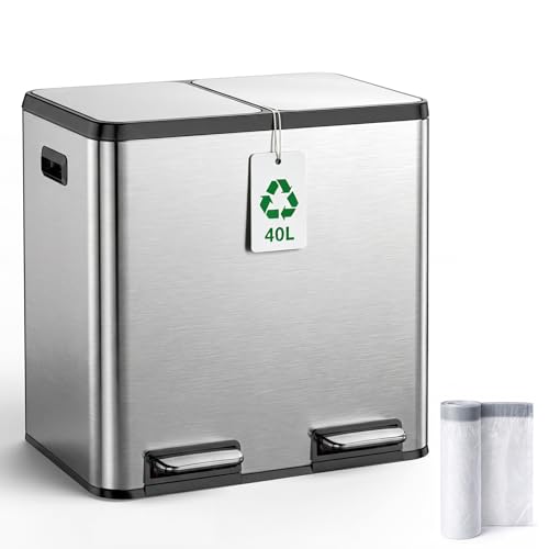 Poubelle Cuisine 40L (2×20L) à Pédale, Poubelle Tri Sélectif Recyclage Double Compartiment Inox, Couvercle Soft Close Silencieux, 2 Seaux Amovibles Intérieurs, Anti-Odeurs,15 Sacs Poubelles