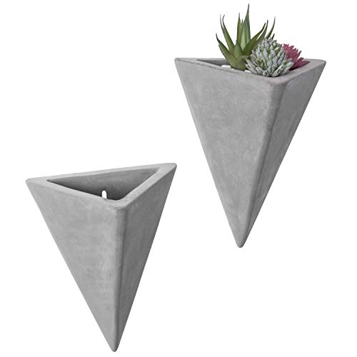 MyGift Modern Triangle Shaped Wall Mounted Cement Planters, Set of 2
