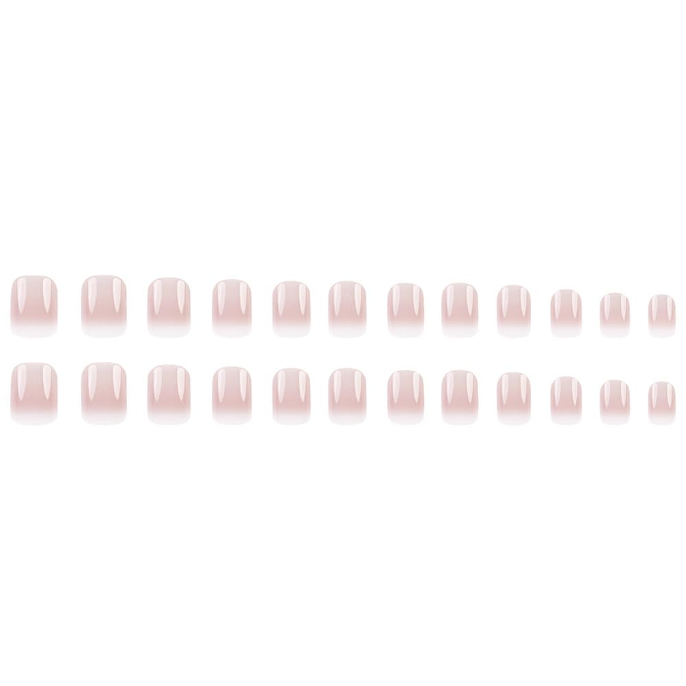 Gradient Pink Press on Nails Short Cute Pink Fake Nails with White Gradient Designs False Nails Glossy Full Cover Stick on Nails Acrylic Ombre Artificial Nails Glue on Nails Press ons for Women 24 Pcs - Image 3