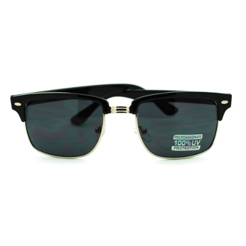 Classic Half Rim Horned Rectangular Horned DJ Sunglasses - Black Silver