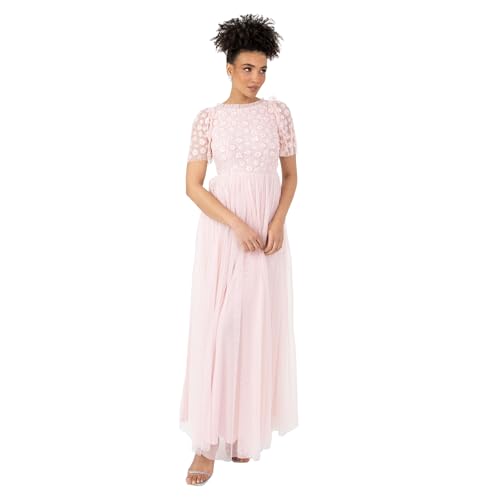 Maya Deluxe Womens Ladies Maxi Round Neck Short Sleeve 3D Floral Embellished Tulle Ruffle A-line Bridesmaid Wedding Guest Dress, Crystal Pink, 14 UK