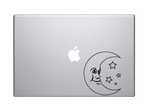 Smiling Moon Crescent with Stars Cartoon Style - 5" Black Vinyl Decal Decorative Sticker - Sized for 13" Macbooks