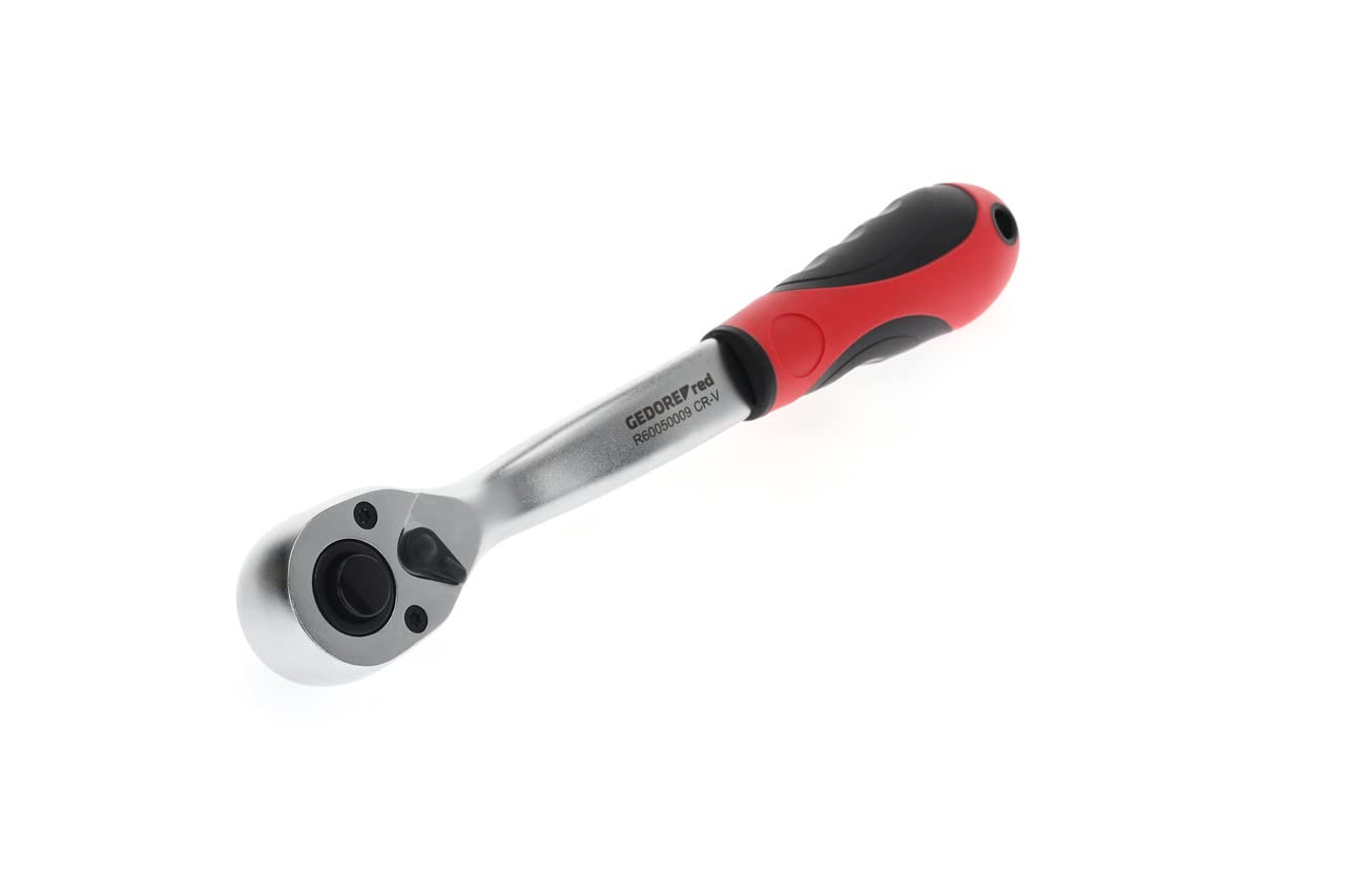 GEDORE Red Cranked Lever Reversible Ratchet with Ergonomic 2K Handle, Push Button Release, Coarse Toothed with 36 Teeth, 1/2 Inch, Steel Tube, Red/Black