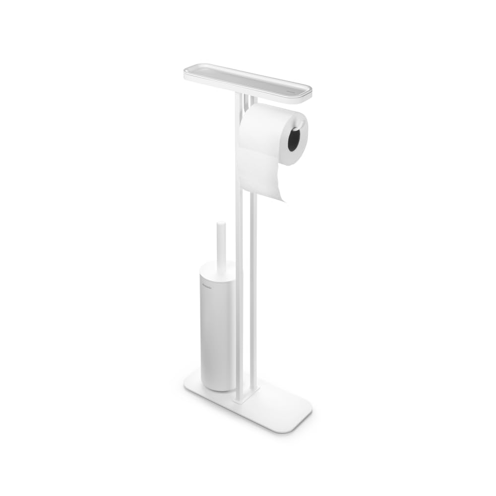 Brabantia - Mindset Toilet Butler - Bathroom Shelf, Toilet Roll Holder and Hygienic Toilet Brush - Corrosion Resistant Steel - Stable and Non-Slip Base - Fresh White - 75.5 x 12.5 x 29 cm