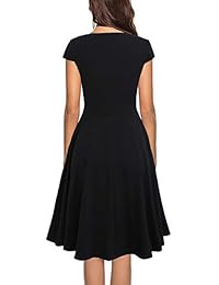 Lyrur - Elegante vestido de cóctel con mangas acampanadas y cuello en V para mujer, con bolsillos