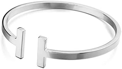 Avery and May Cool Stainless Steel Fashion Metal Open Stackable H Arm Cuff Bangle Bracelet for Women, Rhodium