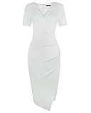OUGES Womens Deep V-Neck Asymmetrical Fold Sheath Dress White Medium