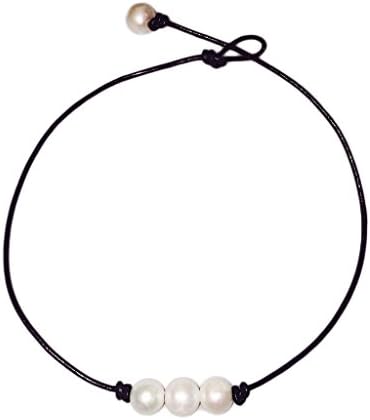 Kayla Handmade Cultured Freshwater Pearl with Three Simple Beads Choker Necklace for Women Genuine Leather Cord