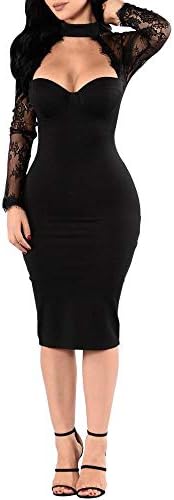 GSKJ Synker Women's Mesh Lace Long Sleeves Choker Neck Bodycon Party Cocktail Dress