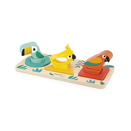 Janod - Tropik My First Shapes: Wooden Educational Toy - 9 Slot-in Shapes, Water-Based Paint - Ages 1+