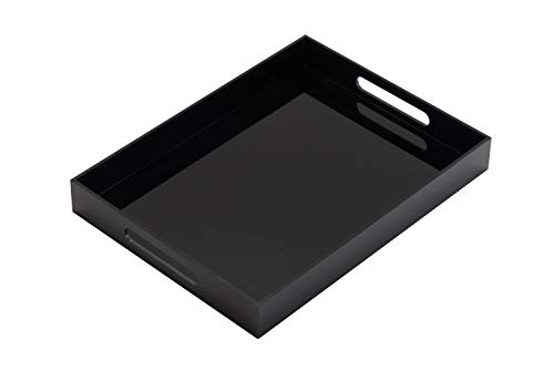 Glossy Black Sturdy Acrylic Serving Tray With Handles - 10x15 Inch for Coffee, Appetizer, Breakfast, Butler - Kitchen Countertop, Makeup Drawer Organizer, Vanity Table, Ottoman, Decorative