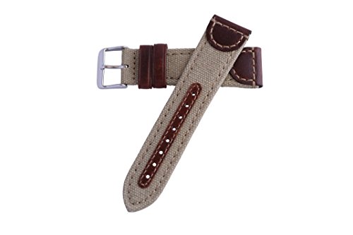 22mm Khaki Genuine Oil Tan Leather & Canvas Hadley Roma Watch Band Strap MS868