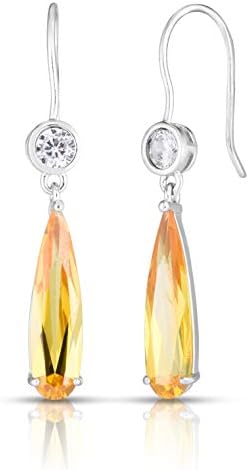 925 Solid Sterling Silver Brilliant Cut Cubic Zirconia and Simulated Pear Shape Citrine Drop Dangling Designer Pierced French Wire Earrings.