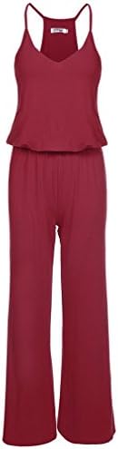 Nacy Women Spaghetti Strap Racer Back Wide Leg Casual Long Jumpsuit (XL, Wine Red)