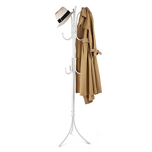 Cozzine Coat Rack Coat Tree Hat Hanger Holder 11 Hooks for Jacket Umbrella Tree Stand with Base Metal (White)