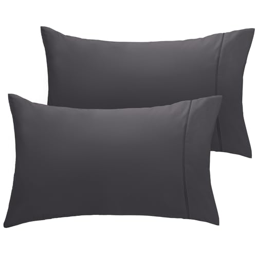 LuxClub Collection Pillowcases 2 Pack - Eco Friendly Wrinkle Free Cooling Pillow Cases with Satin Trim - Machine Washable Hotel Bedding Silky Soft - Dark Grey Standard/Queen