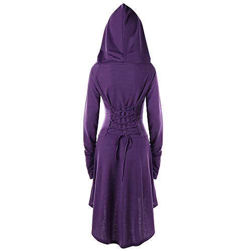 JOFOW Women Hooded Dresses Carnival Costumes Cross Strappy Long Sleeve Tunic Slim Witch Midi Pullover Festival Halloween (2XL =US:16-20,Purple)