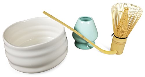 Matcha Tea Set with Matcha Bowl, Whisk and Stand for Traditional Japanese Tea Ceremony or Everyday Use by Princeton Wares. (Plum Blossum White)
