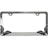 Butterfly Design License Plate Frame Chrome Plated Steel Beautiful Decorative 12" x 6"