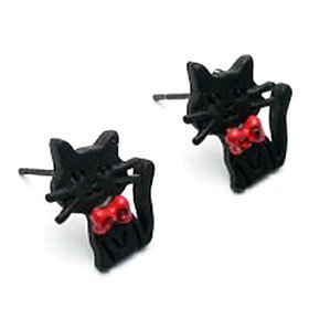 Black Cat Red Bow Stud Post Earrings