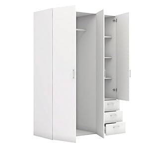 Evergreen-House Armadio 3 Ante e 3 Cassetti, Bianco, Legno, Scaffali Interni, Porta Abiti, 1