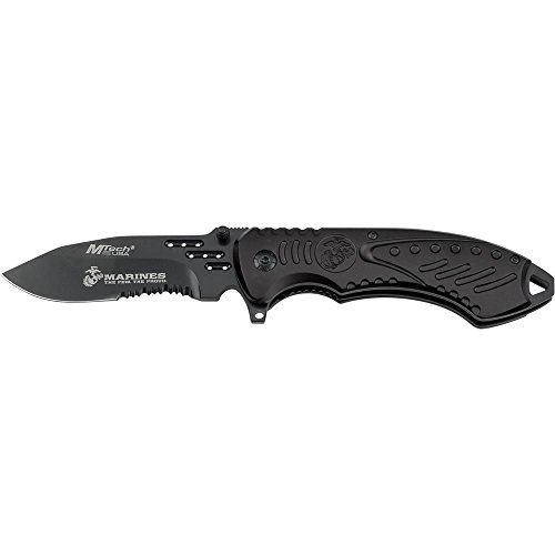 MTECH USA M-A1030BS US Marines Serrated Blade Spring Assisted Folding Knife, 5-Inch Closed Length, Black