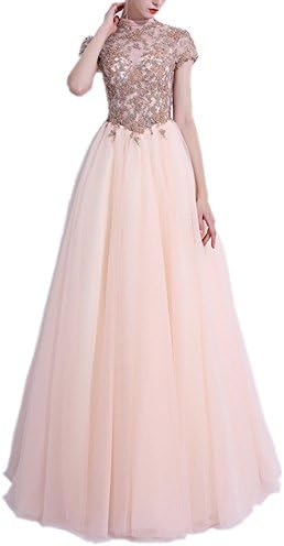 LeoGirl Womens Beautiful Beaded Illusion Long Prom Dresses High Neck Elegant Formal Evening Gown