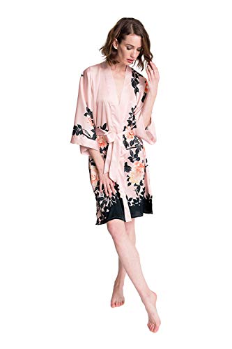 Old Shanghai Women's Kimono Robe Short - Watercolor Floral, Blush Rose- Pink