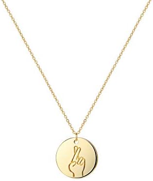LOYATA Hand Gestures Pendant Necklace, 14K Gold Plated Cute Personalized Disc Bar Engraved Coin Pendant Necklaces for Women Girls