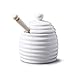 Traditional Porcelain Honey Pot Jar with Beech Wood Drizzler, Dipper – Honey Bee Hive Shaped Storage Pot with Lid, Perfect for Honey and Maple Syrup, 11cm – White
