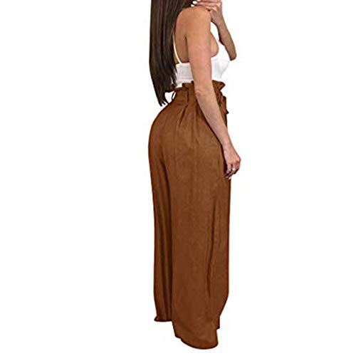 Pervobs Womens Comfy Chic Palazzo Lounge Pant Casual Paper Bag Pants Elastic Waist Pockets Wide Leg Pant Trouser(L, Z01-Coffee)