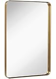 Hamilton Hills Contemporary Brushed Metal Wall Mirror | Glass Panel Gold Framed Rounded Corner Deep Set Design | Mirrored Rectangle Hangs Horizontal or Vertical (24' x 36')