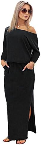 Kaitobe Womens Long Sleeve Maxi Dress Casual Solid O-Neck Cold Shoulder Side Slit Evening Party Boho Dress with Pocket