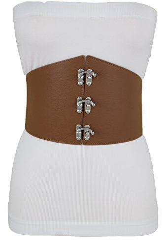 TFJ Women Fashion Wide Corset Belt Silver Metal Hook Buckle Brown Faux Leather S M