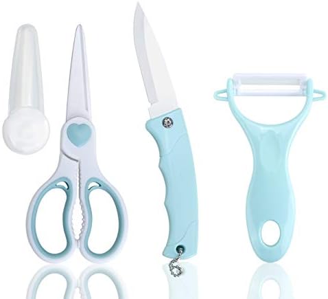 Mukai 錆びないお得な調理器具 ３点セット セラミック料理はさみ キッチンバサミ フルーツナイフ 皮むきピーラー ベビーフードカッター 折り畳み 収納ケース付 外出便利 白い