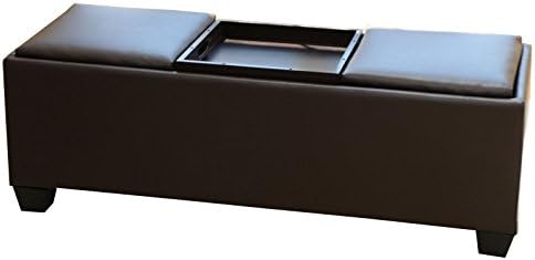 Faux Leather Rectangular Coffee Espresso Storage Ottoman with 3 Serving Trays Tops