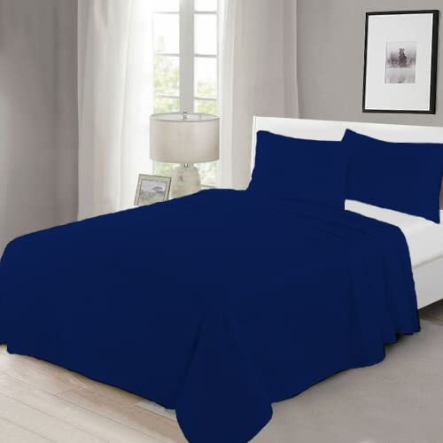 100% Egyptian Cotton Flat Sheet Super Soft Breathable Hypoallergenic Easy Care 200 Thread Count Bed Flat Sheet Hotel Quality Bedding Set (Navy, King)