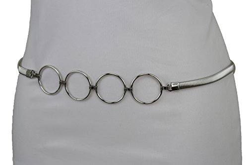 TFJ Women Fashion Elastic Skinny Belt Hip Waist Silver Metal Rings Plus M L XL XXL