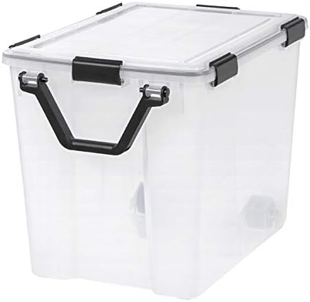 Basket Bins Weathertight 103 qt Plastic Storage Tote with 6 Latches - Stackable Storage Tote with Wheels and Handle - Clear