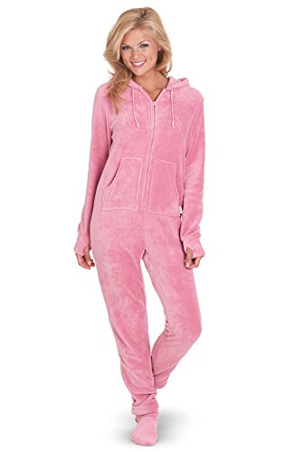 PajamaGram Women's Hoodie-Footie Pink Fleece Onesie Pajamas, Pink, MED (8-10)