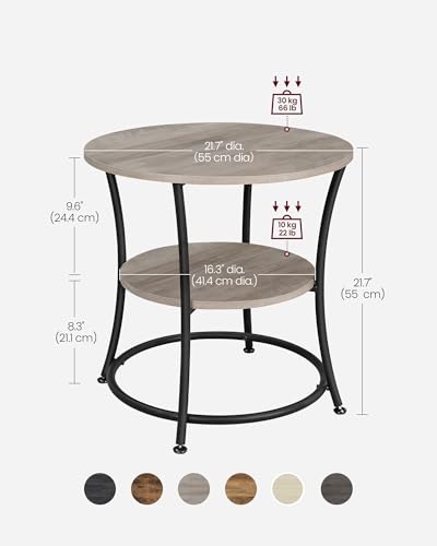 VASAGLE Side Table, 2-Tier Round End Table, Nightstand with Steel Frame for Small Spaces, Living Room, Bedroom, Heather Greige and Ink Black | 2 Shelves