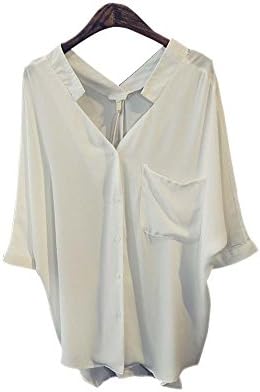 ARJOSA Women's Wear To Work Deep V Neck Pocket 3/4 Sleeve Button-Down Shirt (Large /12, White)