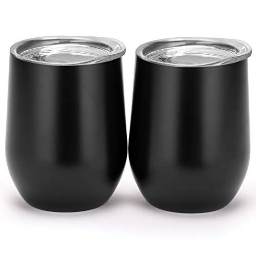 MASCOTKING Wine Glasses Tumbler - 12 oz 2 Pack - Double Wall Vacuum Insulated Cup with Lids for Keeping Wine, Coffee, Drinks - Beverage Warm in Winter -Perfect Mother's Day Gifts