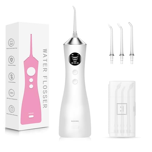 Water Flosser for Teeth Cordless, 300ML Portable Oral Irrigator with Screen Display, 3 Intensity Modes and 3 Flossing Tips, 60-Day Battery Life，IP68 Waterproof Dental Flosser for Home