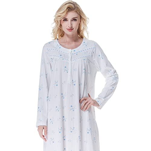 Keyocean Nightgowns for Women, 100% Cotton Knit Long Sleeves Soft Older ...