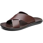 LOVEHEYNEW Men's Leather Slip On Slides Sandals Comfortable Lightweight Open Toe Anti-Slip Flat Summer Casual Slippers Indoor Outdoor Walking Beach Sandals