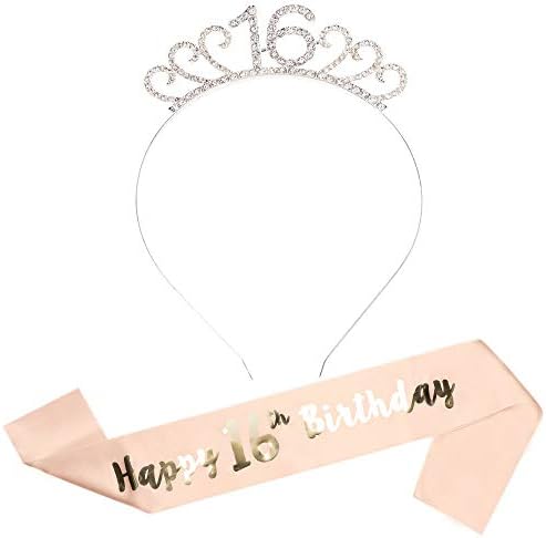 Rzctukltd Happy Birthday Sash Tiara Set 16/18/21st/30/50/60th Girl Crown Rose Gold Party (16th)