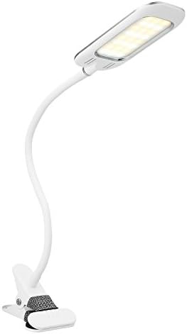 Mabor Clip on Light Clamp Lamp, 5W Flexible Gooseneck Desk Lamp Reading Light with 3 Light Colors and 2 Level Dimmable Brightness (White)